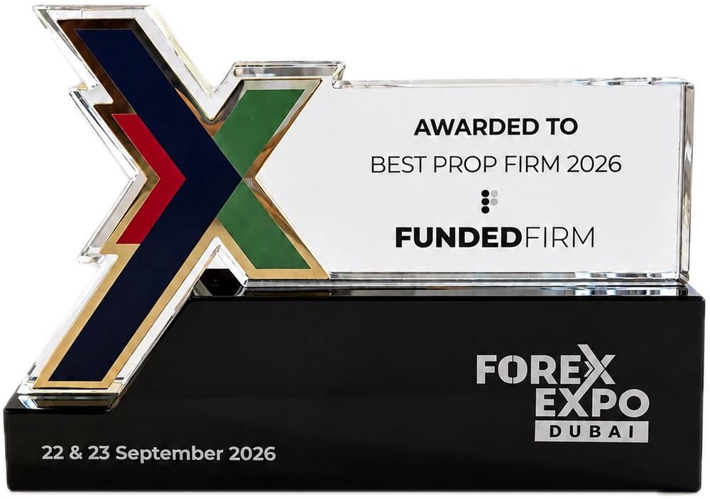 Best Prop Firm 2026 trophy, awarded to FundedFirm at Forex Expo Dubai