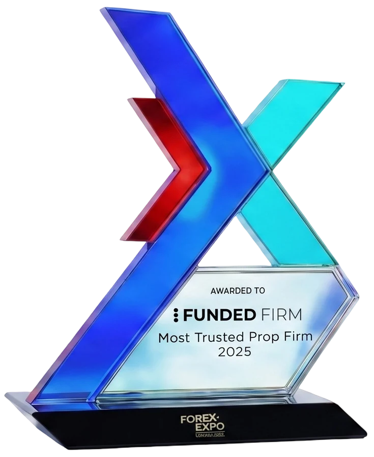 Most Trusted Prop Firm 2025 trophy, awarded to FundedFirm at Forex Expo Dubai