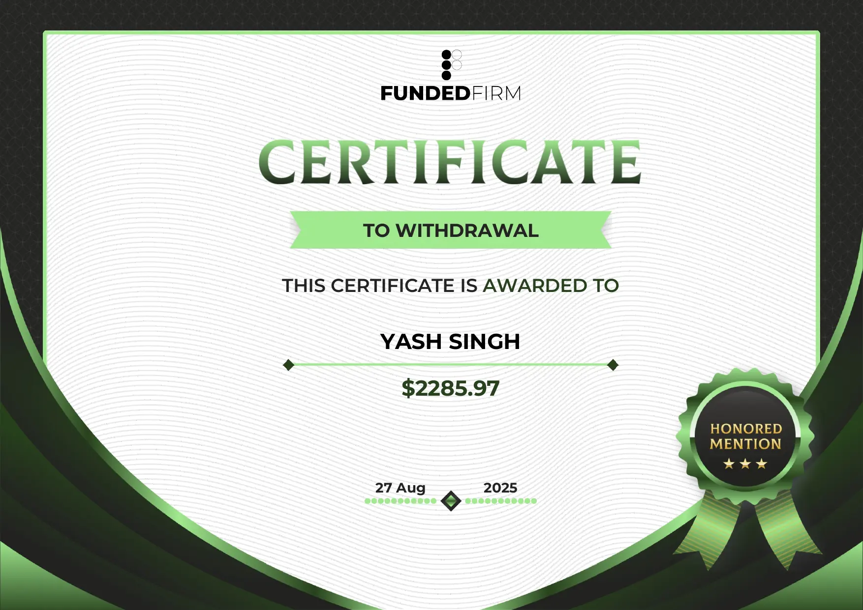 FundedFirm payout certificate for Yash Singh, $4,190.90